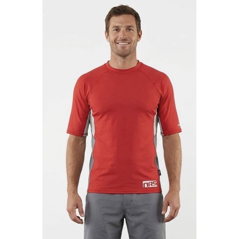 NRS Mens Rashguard Shirt Short Sleeve UPF 50 Paddle Surf Kayak Red Gray XXL